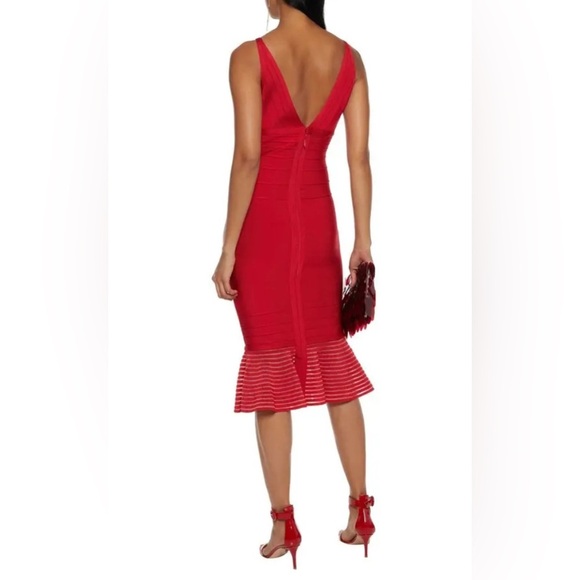 Herve Leger Dresses & Skirts - Elegant Red Fluted Metallic Trim Bandage Dress